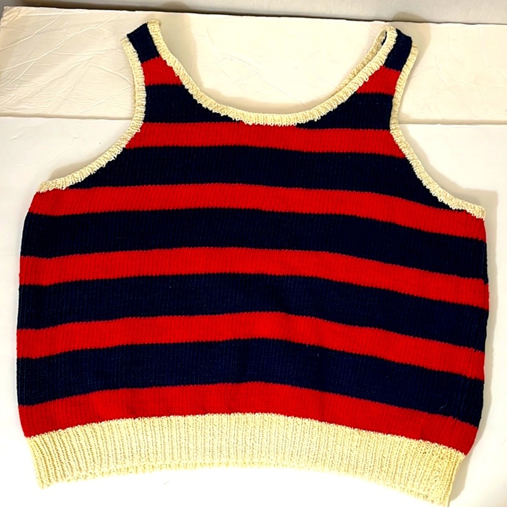 Hand-knit nautical striped anchor fishermen tank sweater navy blue red cropped - Picture 4 of 4